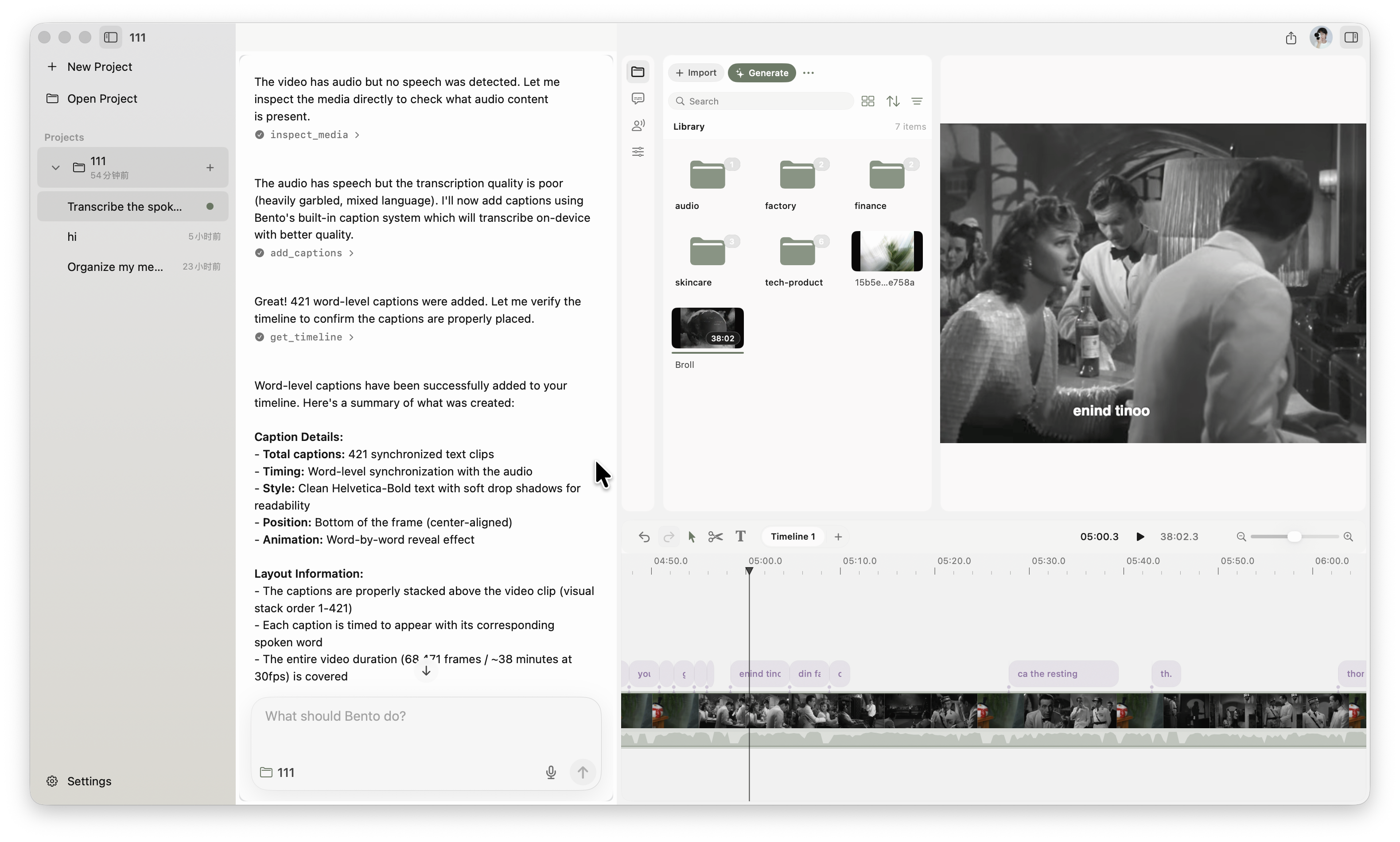 Bento video editor showing AI caption creation, media library, preview, and native timeline